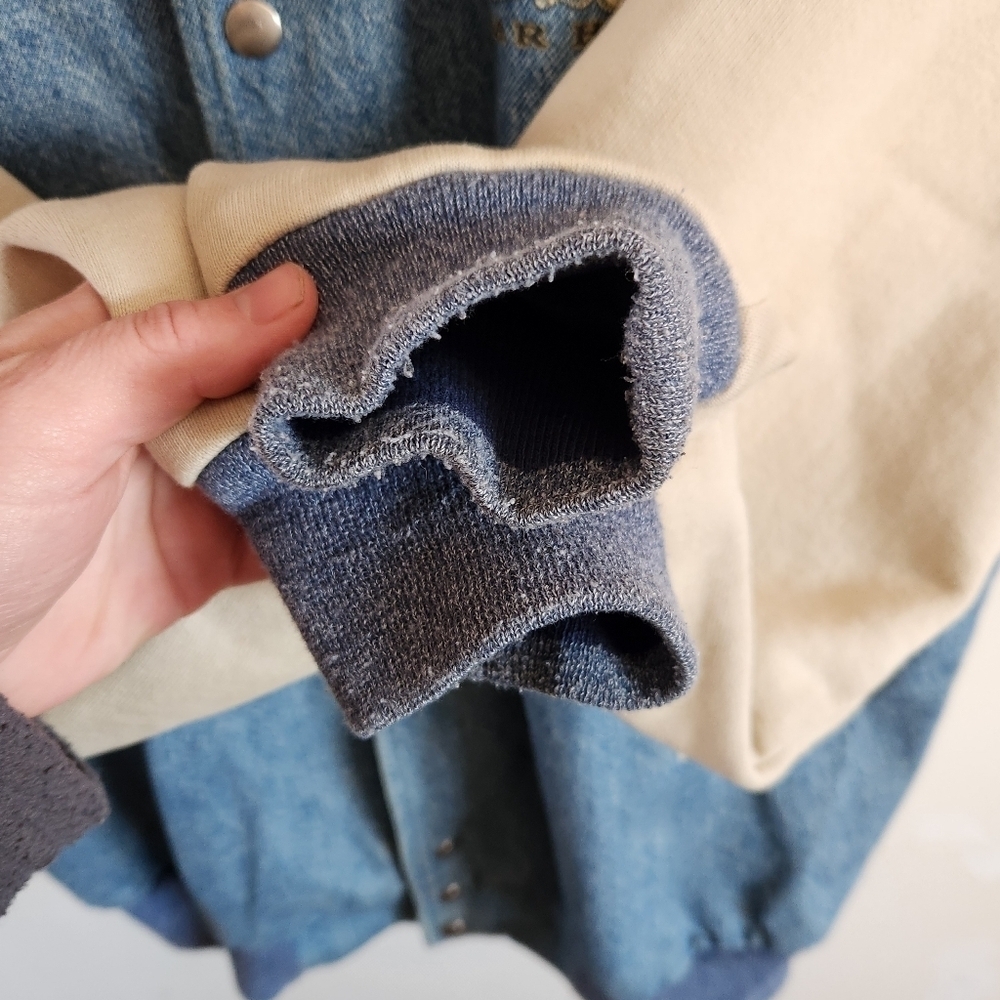 Vintage Varisty Jacket Denim Cotton Maine Blue Cream Large L - Picture 9 of 11